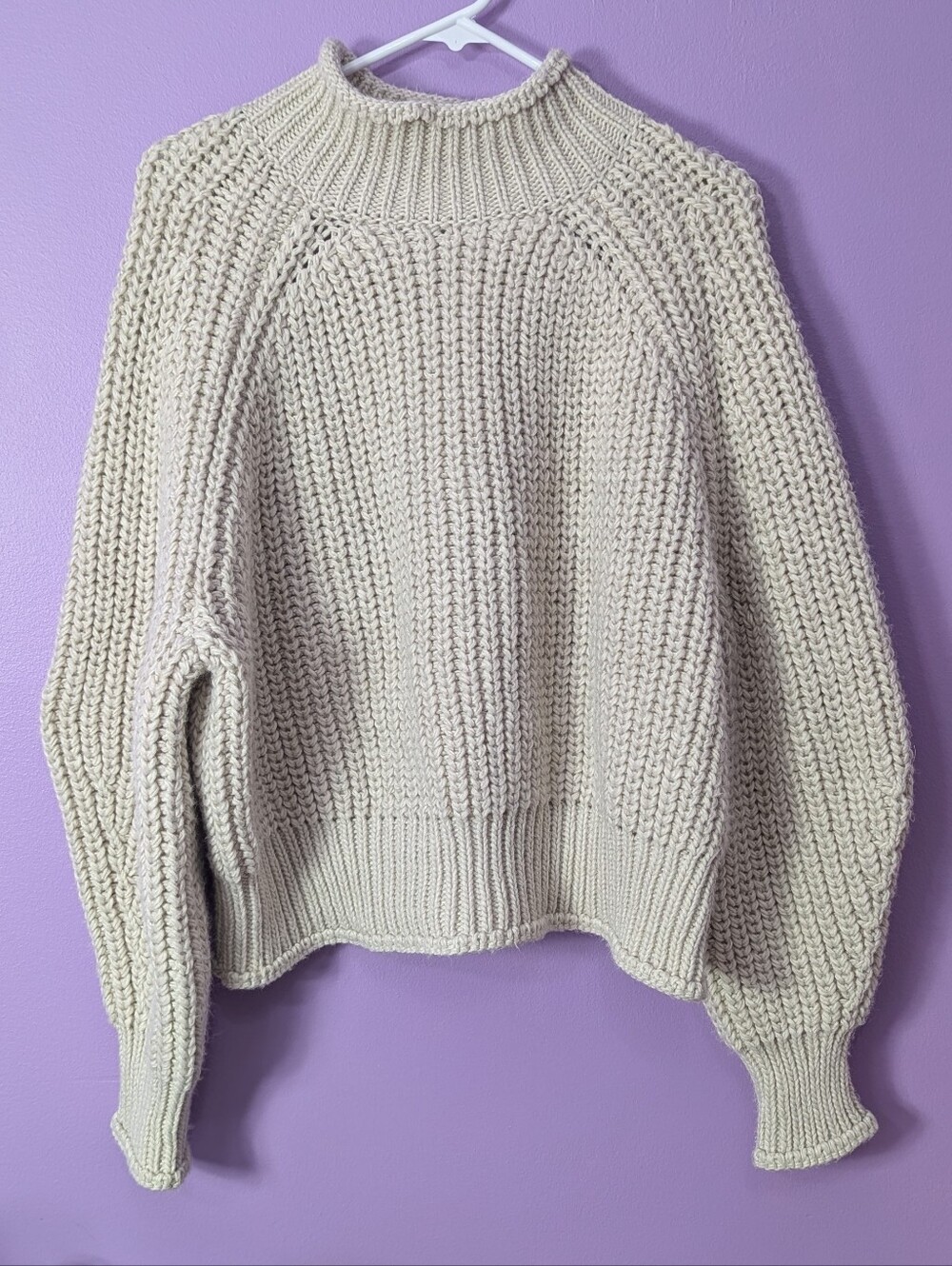 H&M Cream Ivory Chunky Knit Wool Mock Neck Crop Sweater Jumper Long XL Thick